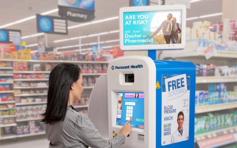 Digital signage in retail health kiosk promoting brand campaigns
